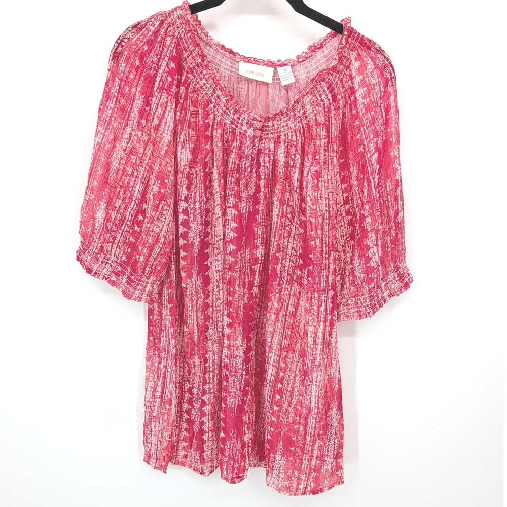 Chicos Sheer Blouse Womens XL Red White Abstract Smocked Short Sleeve Top Casual